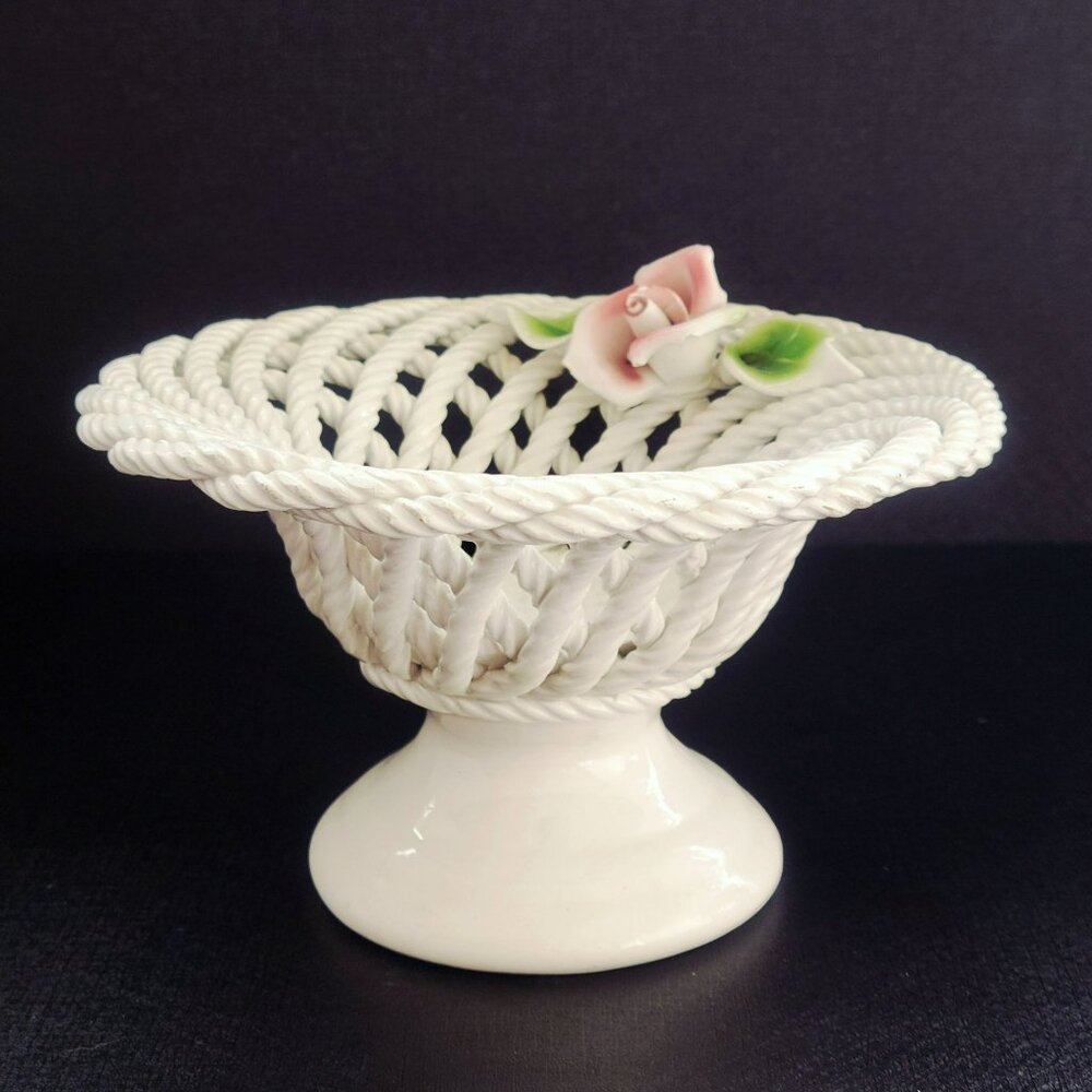 Vintage Capodimonte Compote Ceramic Wicker Basket Weave Pink Rose Made in Italy